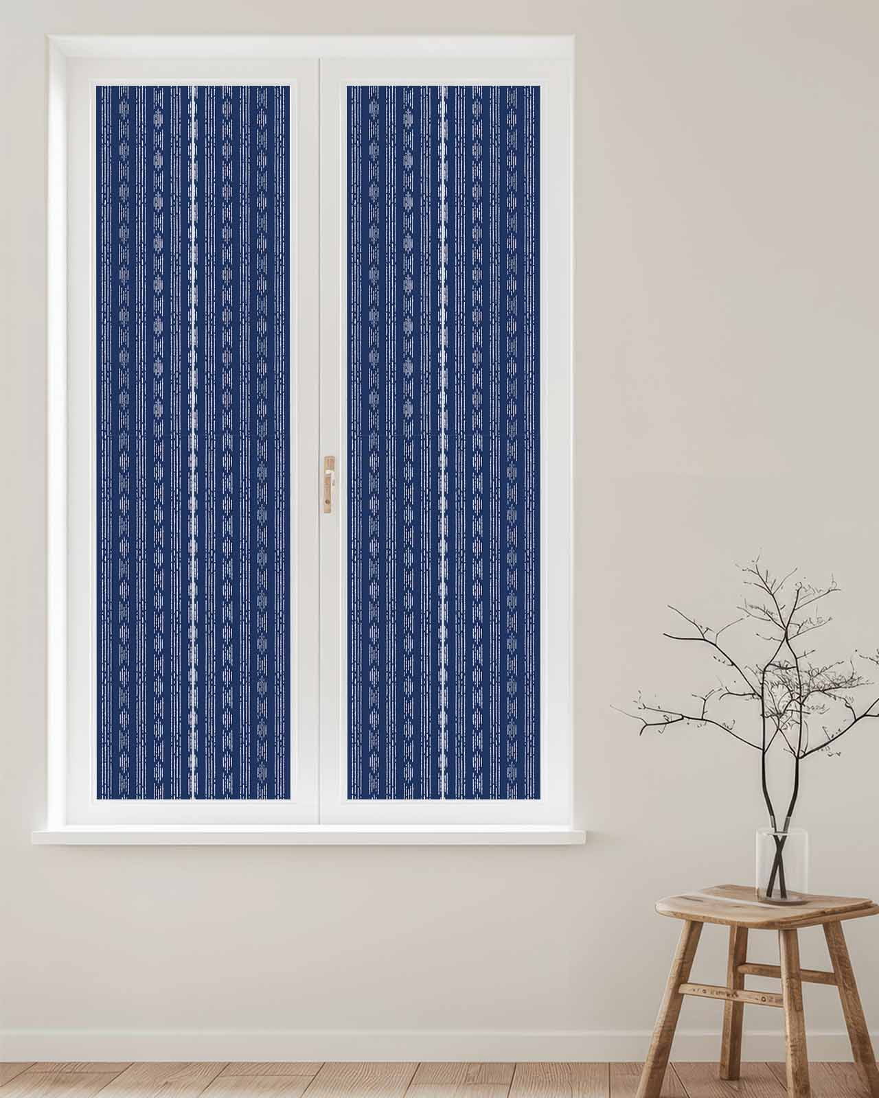 Window Privacy Film,Boho Navy Blue Stripes UV Sun Blocking Window Tint Film Heat Control One Way Blackout Window Film,Modern Bohemian Art Texture Non Adhesive Static Cling Window Sticker 29.5x118 In