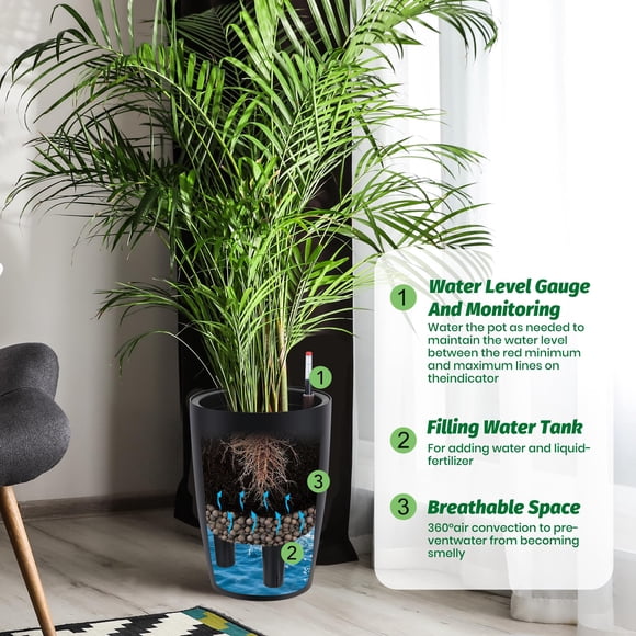 Self-Watering Tall Planter Set – 2 Large Indoor Outdoor Flower Pots with Built-in Drainage, Water Level Gauge, Modern Design for Patio, Porch, Living Room, Office