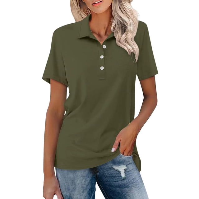 Hot Sale!!Women's Short Sleeve Shirts Summer Button Down Collared Tops Casual Loose Tees