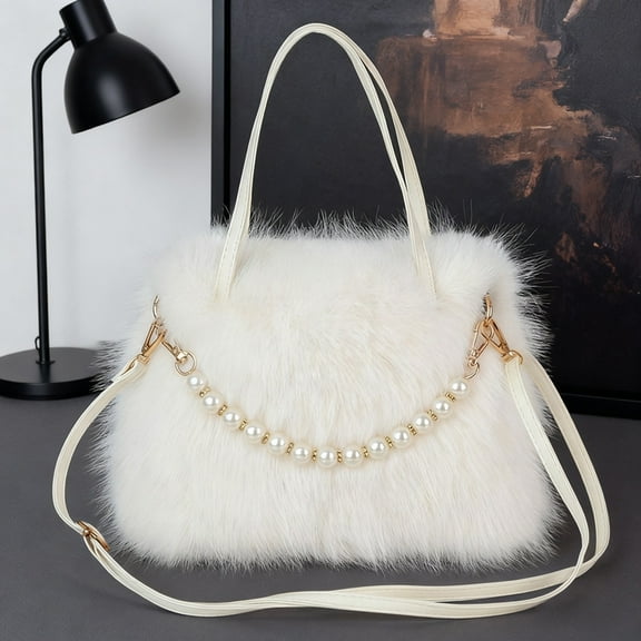 Winter simple plush handbag, fashionable pearl women's crossbody bag