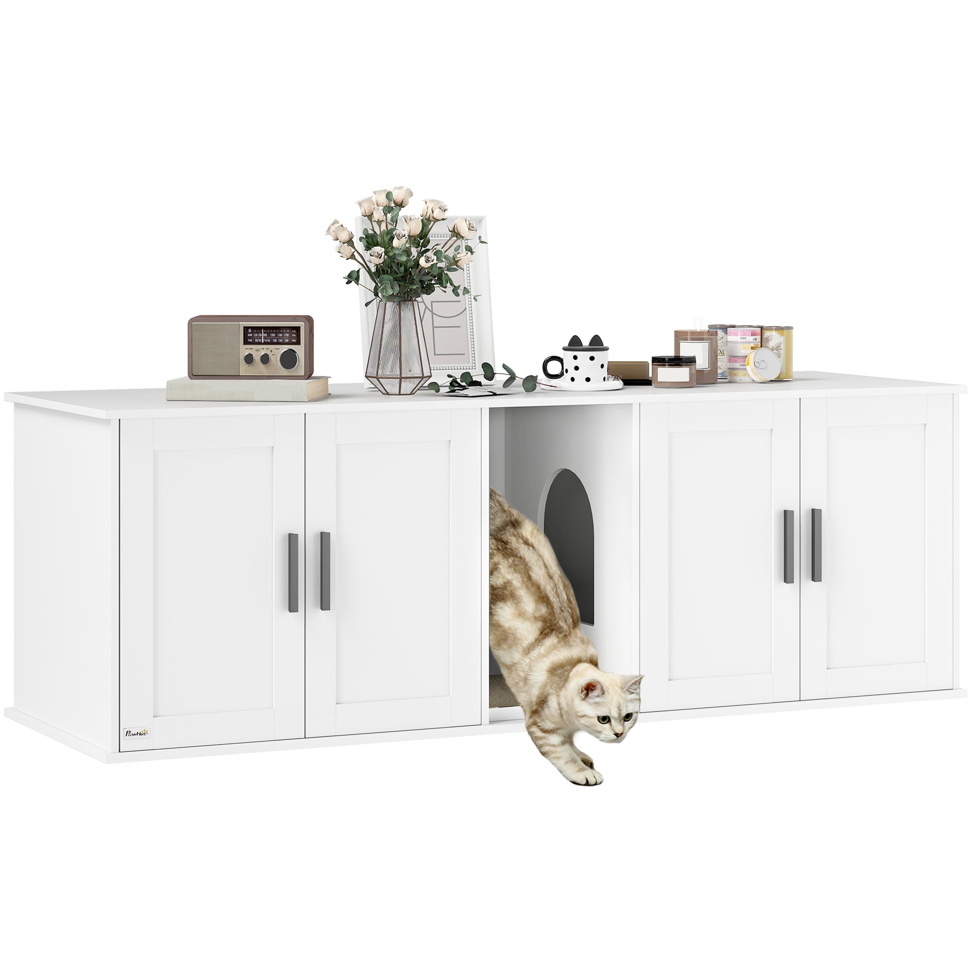 PawHut Cat Litter Box Enclosure for 2 Cats, Cat Washroom Furniture with Double Room, Scratching Mat, 57" x 19" x 20", White