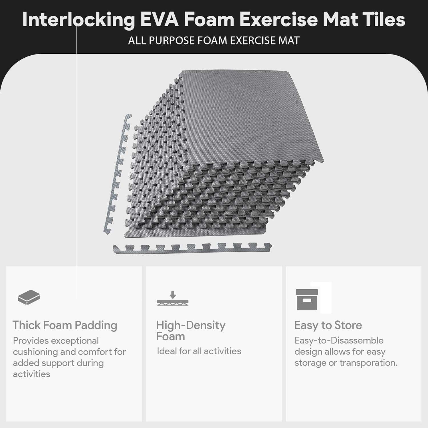 1/2" Thick EVA Interlocking Foam Floor Tiles for Home Gym, Mat for Home Workout Equipment, Floor Padding for Kids, Gray, 24 in x 24 in x 1/2 in, 48 Sq Ft - 12 Tiles