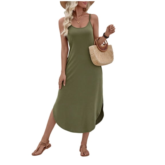 jtjvou Midi Dresses for Women Sleeveless Scoop Neck Vacation Sundress Summer Split Hem Adjustable Slip Dress with Pockets Army Green M