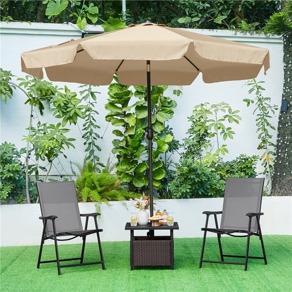 Topeakmart Natural Outdoor Patio Rattan Side Table with Umbrella Tube for Garden Terrace and Poolside