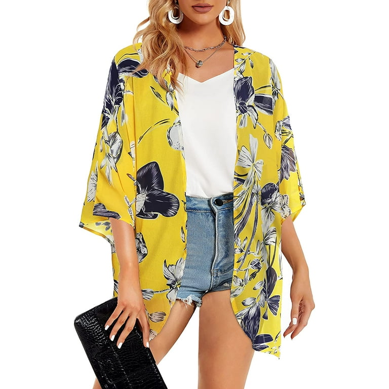Women's Floral Print Puff Sleeve Kimono Cardigan Loose Cover Up Casual  Blouse Tops