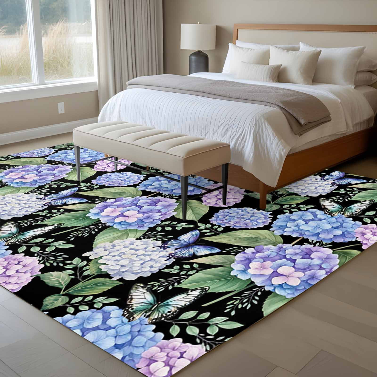 Purple Hydrangea Area Rugs 5'x7', Washable Small Throw Rugs for Laundry Room Playroom, Spring Floral Elegant Pastoral Flowers Indoor Outdoor Rug Non-Slip Low Pile Carpet Runner Reversible Floor Mats