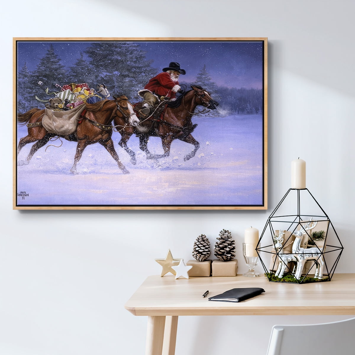 Christmas Rush - Framed Gallery Wrapped Holiday Canvas - 25 x 37 - Natural Wood Frame