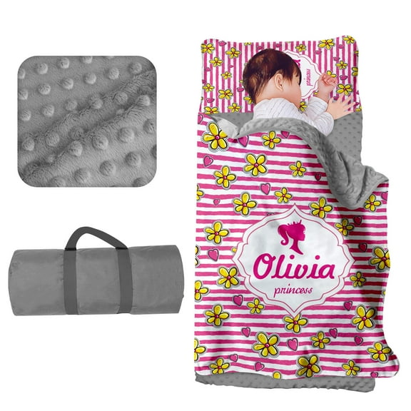 Kainsy Personalized Toddler Nap Mat for Daycare - Custom Name Kids Nap Mats for Preschool Kindergarten Girls Sleeping Bag with Pillow Blanket Set, Thick Padded Easy Roll Up Pink Stripe