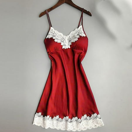 Alkepwun Women s Lace Trim Satin Lingerie Sexy V Neck Sleepwear Padded Sleeveless Nightgown Full Slip Cami Dress Night Shirts Petite Sleepwear