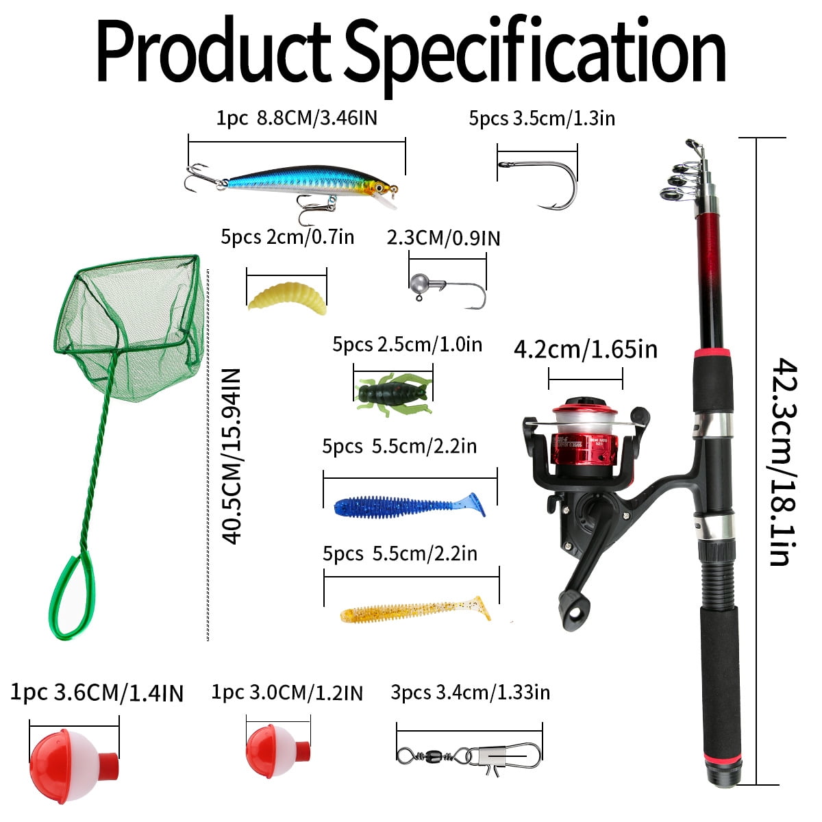 Kids Fishing Pole Set Portable Telescopic Fishing Rod and Spincast Reel Cambos with a Fishing Net for Boys Girls and Youth- Red