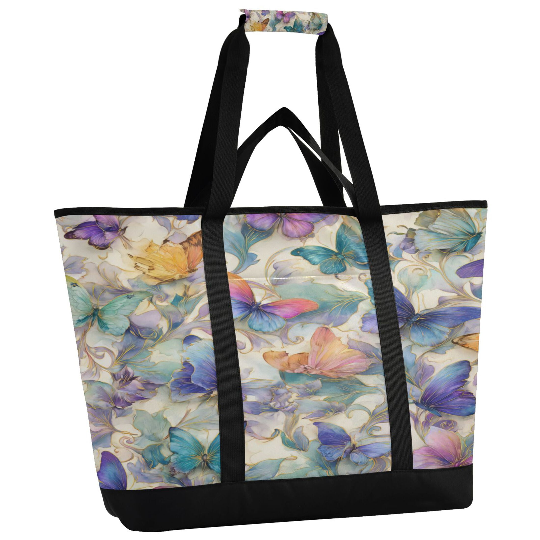 Extra-Large Wide Opening Design Capacity Hand-Held Ice Pack Thickened Insulation Layer For Long-Lasting Cold Retention For Outdoor Shopping Picnics And Camping Elegant Watercolor Butterfly Painting