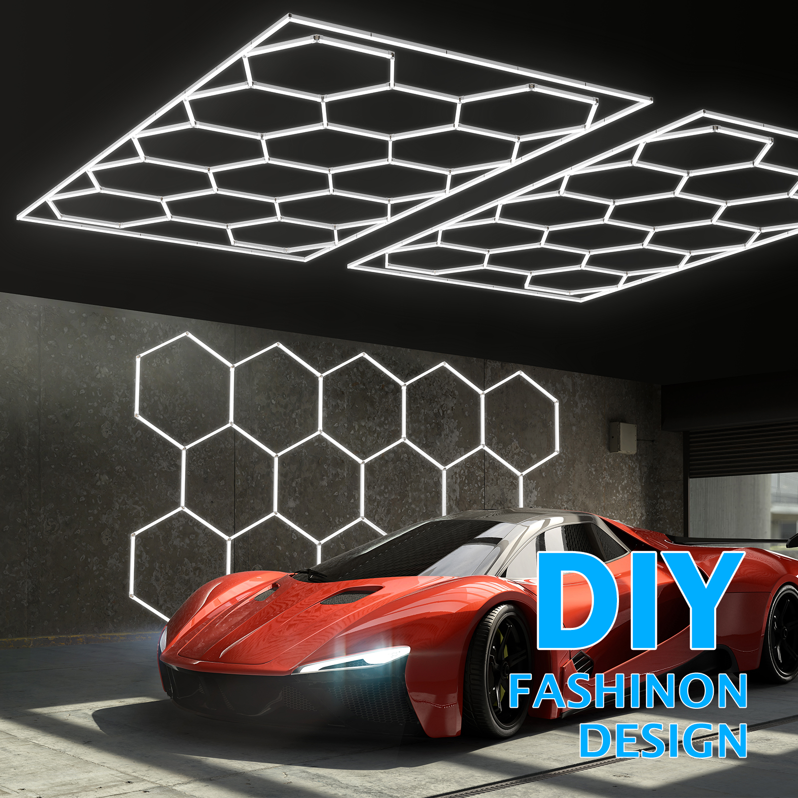 Adewalk Hexagon Garage Lights LED, Super Bright 672W 87360LM 6500K Daylight White Ceiling Shop for hex Lights Garage Warehouse Basement Gym Detailing Shop Wash Room with Rectangle Frame