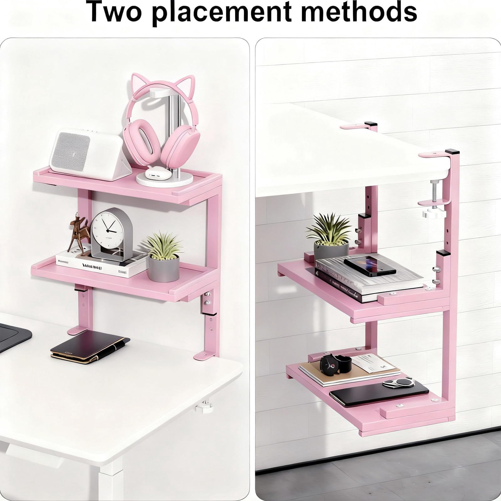 2-tier Desk Shelf  Expandable Under Storage Clamp On Desktop Accessories For Offices Study Rooms And Game (pink)