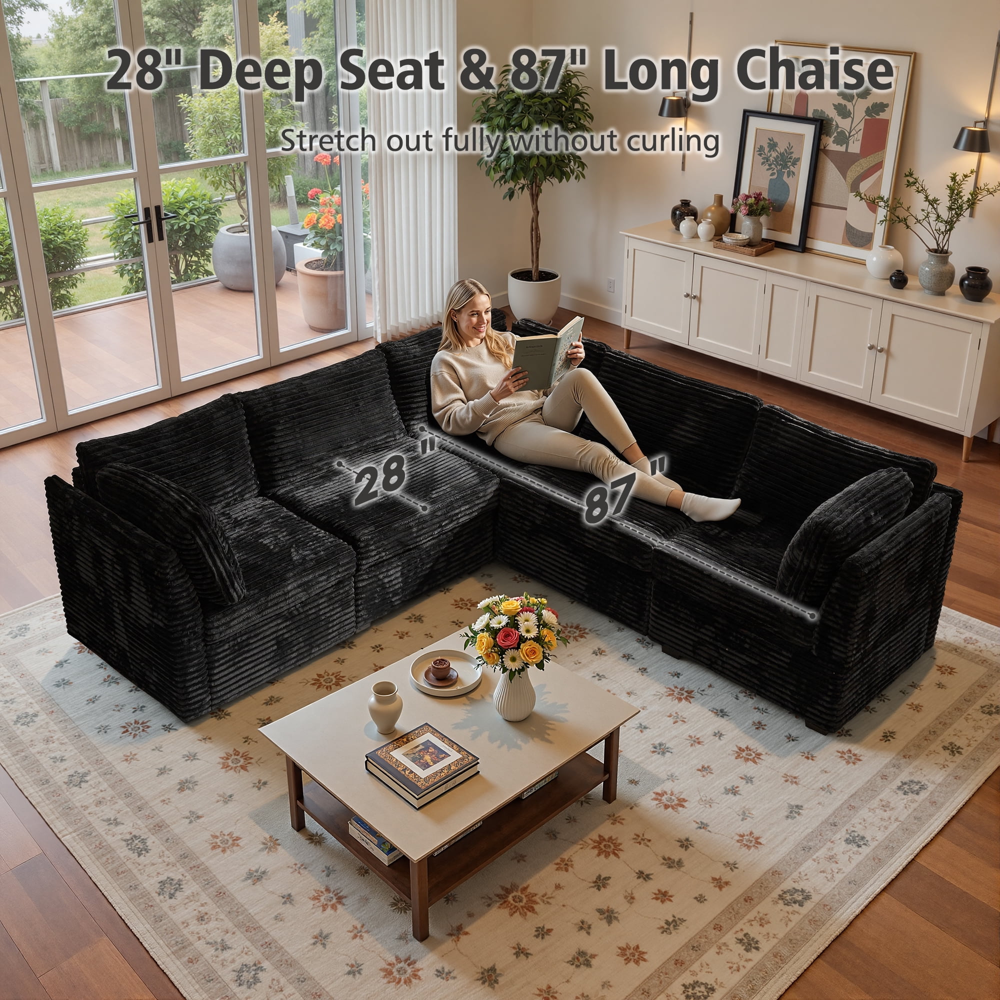 Ovios 95" Modular Sectional Sofa Deep Seat Cloud Couch with Chaise L-Shaped Corduroy Couch for Living Room, 5 Seat, Black
