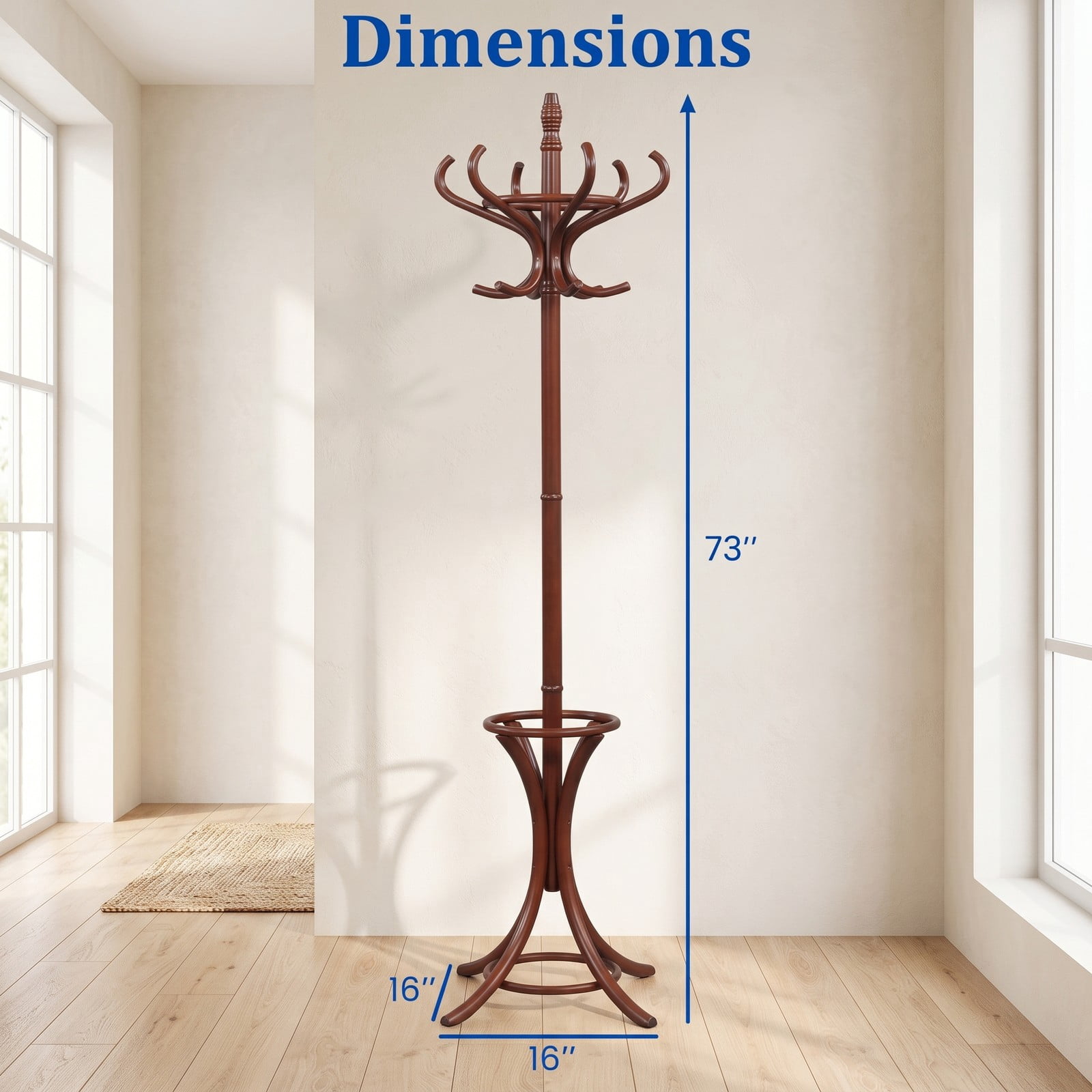 Furnibear Freestanding Wood Coat and Hat Rack Stand with Umbrella Stand Rotating Top and 12 Hooks for Entryway and Hallway, Brown