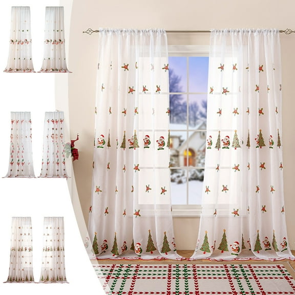 Nkmbld Curtains for Living Room, Christmas Curtains Santa Claus Embroidered Window Screen Rectangular Beautification Decorative Drapes, White