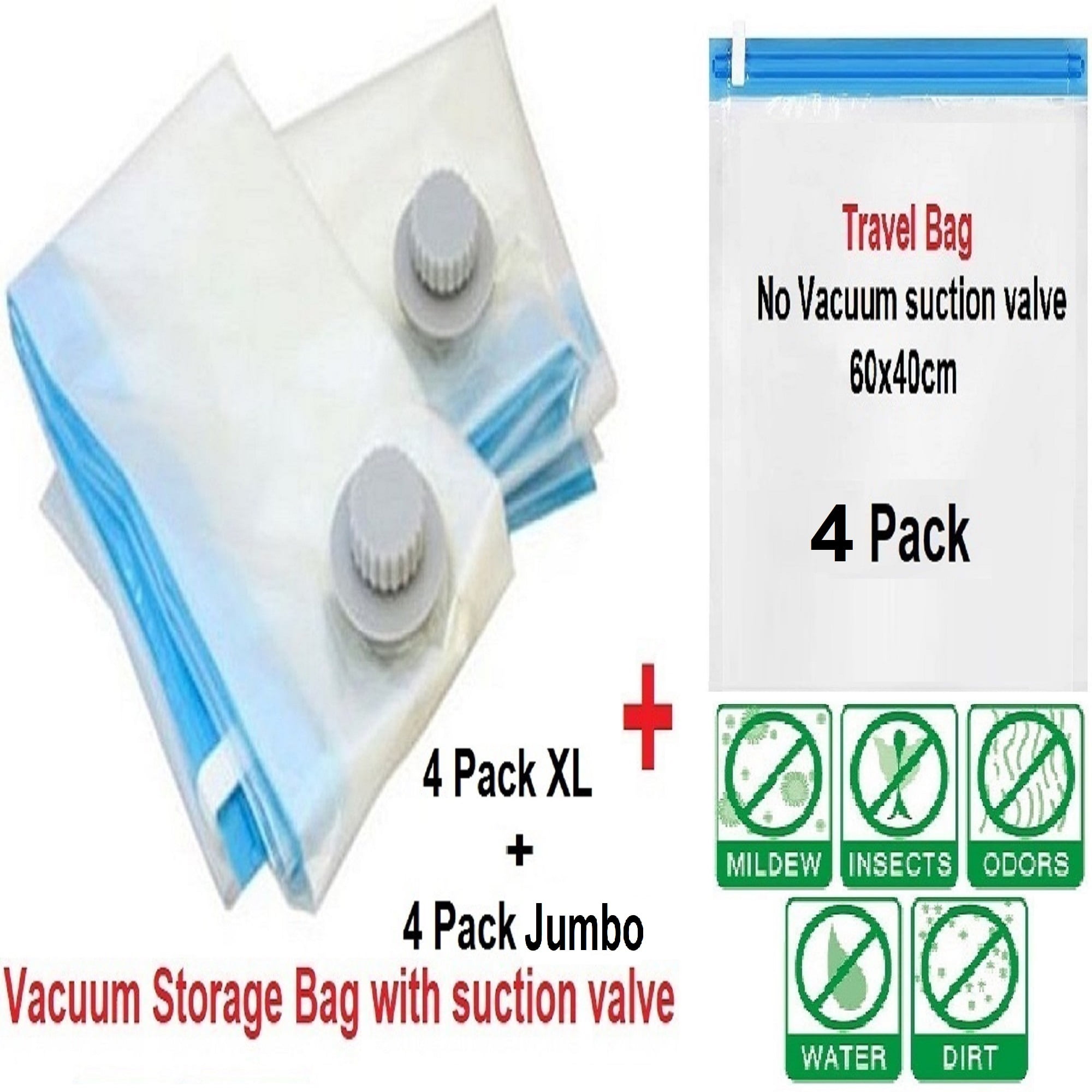 12 PACK BUNDLE : 8 Jumbo XL Space Saver Storage Vacuum Organizer Bags + 4  Travel Roll Up Bags 