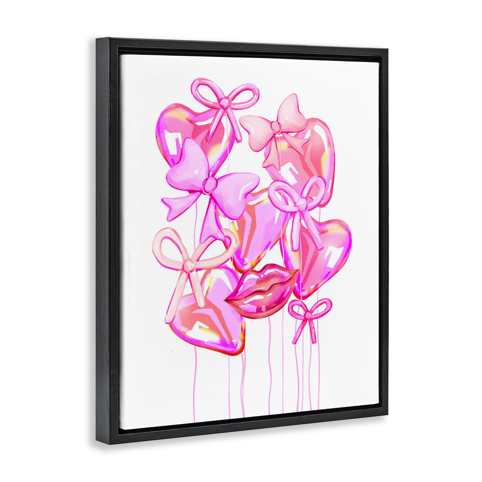 Pink Heart and Bow Balloons Black Framed Floater Canvas Wall Art, design by Ziwei Li