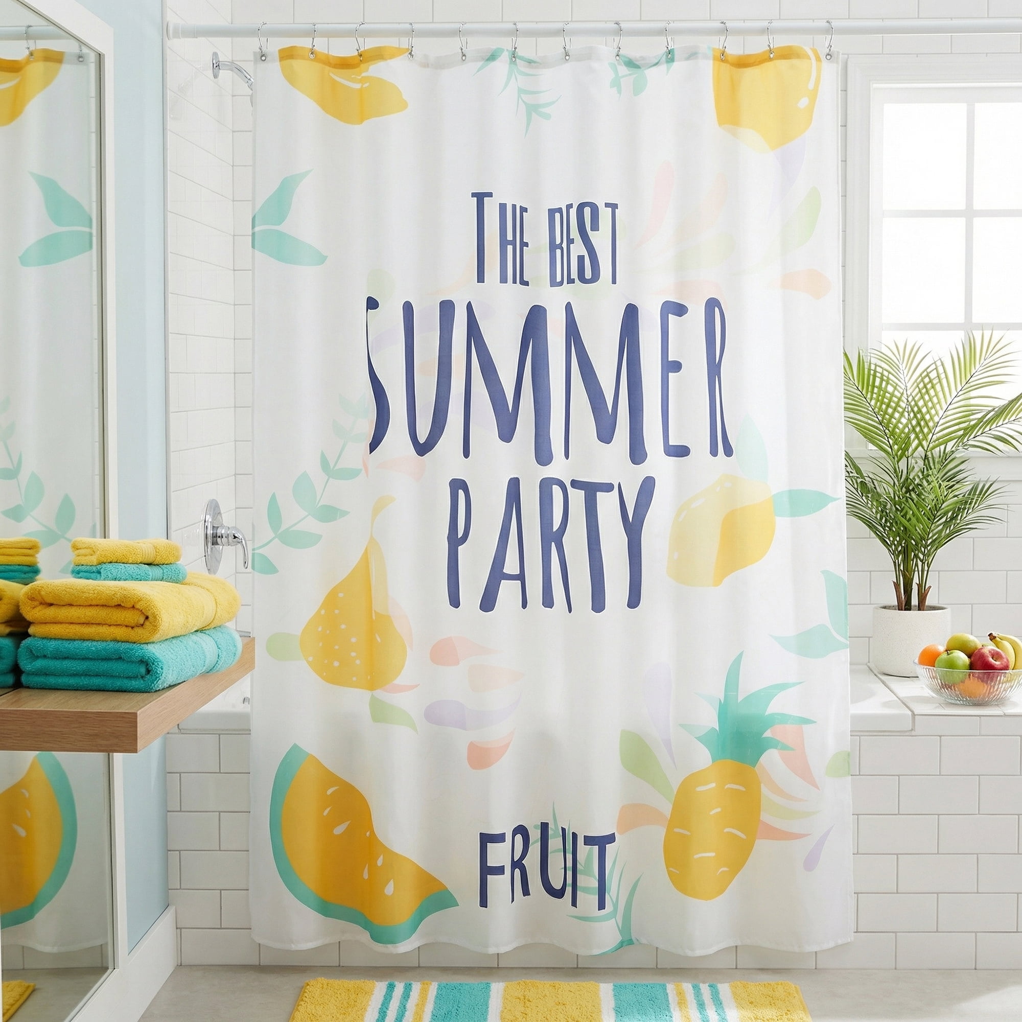 Unique Bargains Cute Print Shower Curtain Sets with Hooks Yellow Fruit 71"W x 71"L