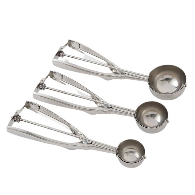 Zhuge Juego de cucharas para helado, 3 piezas de acero inoxidable, incluye gatillos para cucharas de helado de tamaño grande, mediano y pequeño, cuchara para melón (cuchara para galletas)