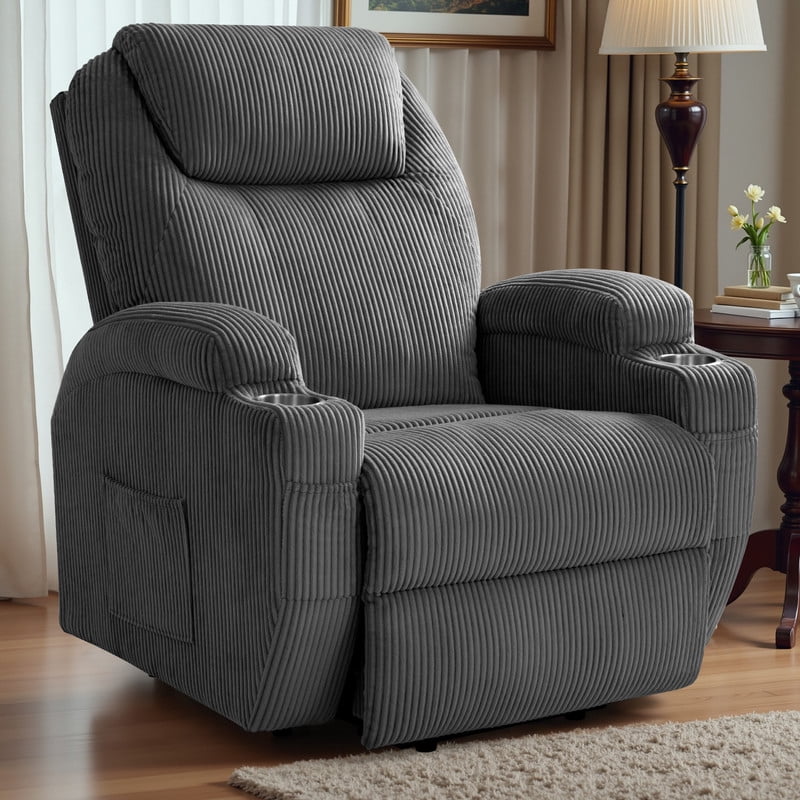 Furmax Electric Power Lift Recliner Soft Corduroy Chair Sofa with with 8 Vibrating Massages Ergonomic Lounge Chair with 2 Cup Holders and Side Pocket,Gray