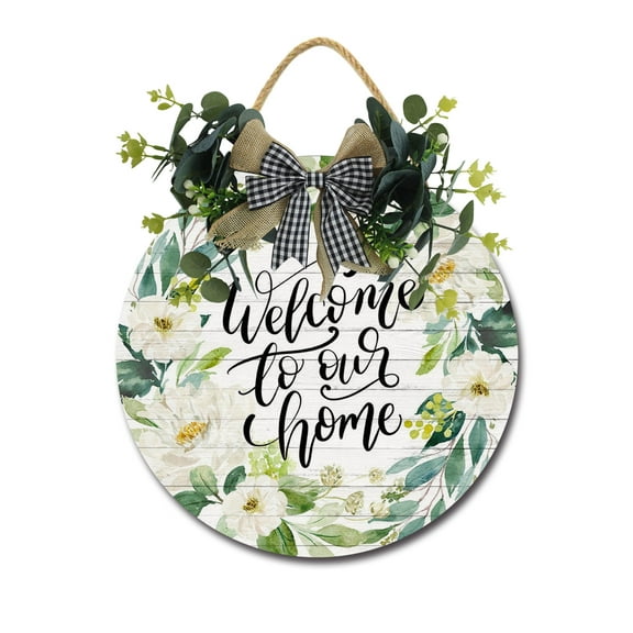 Welcome To Our Home Front Door,Horizontal Round Door Wreaths,Housewarming Gift Farmhouse Wood Door Hanger for Home Decor Indoor and Outdoor, Classroom, Yard, Porch Décor