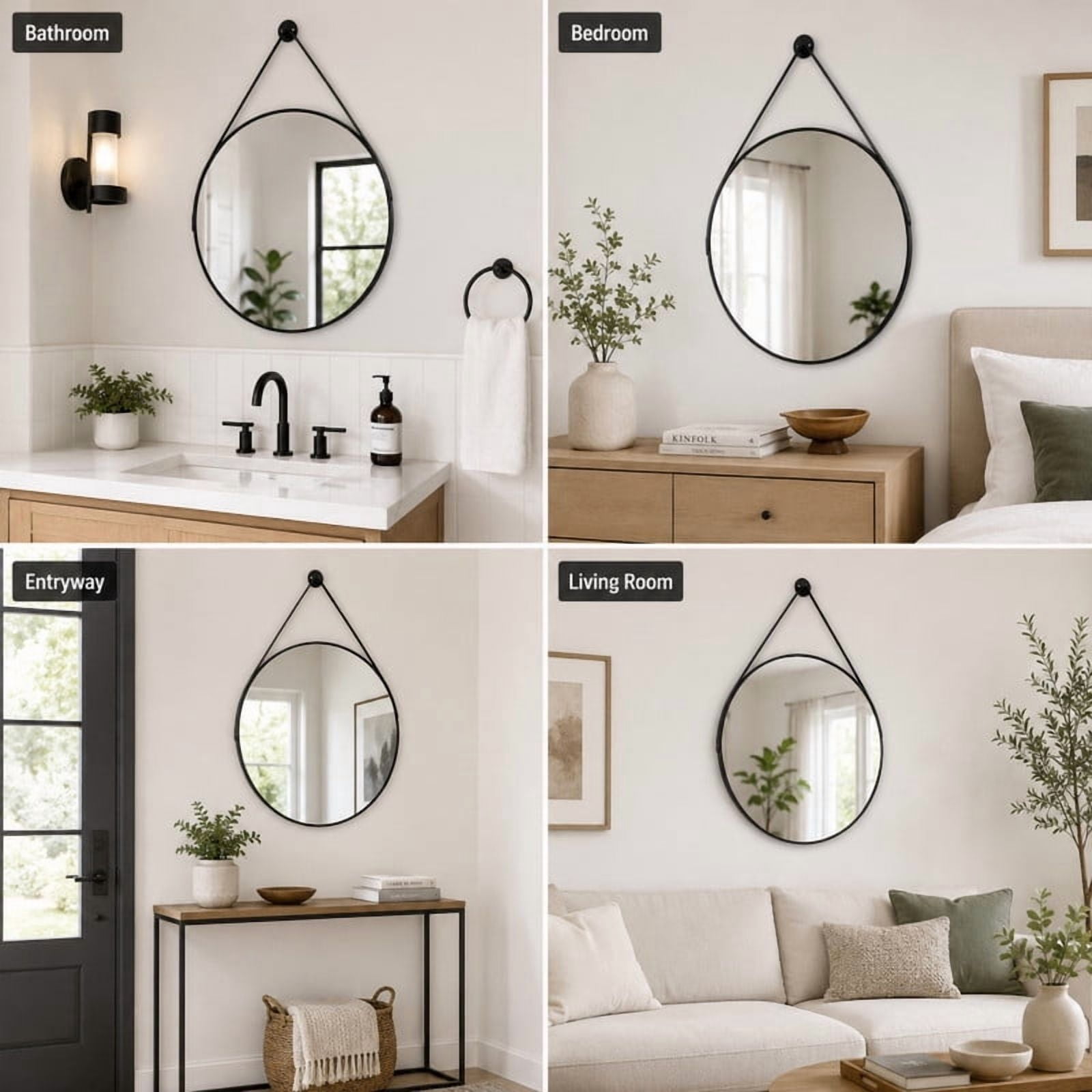 Easy4Home 20" Round Bathroom Mirror Vanity Mirror Wall Mounted with Leather Hanging Strap, Black