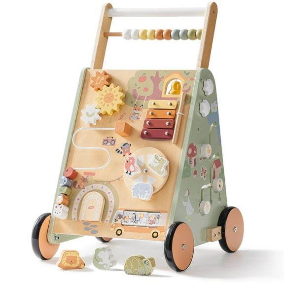 Robud Wooden Baby Walker, with Wheels, Montessori Push Toys for Babies 10M  Learning to Walk, Baby Walkers Activity Center for Boys and Girls, Green, Forest Fairy Tale