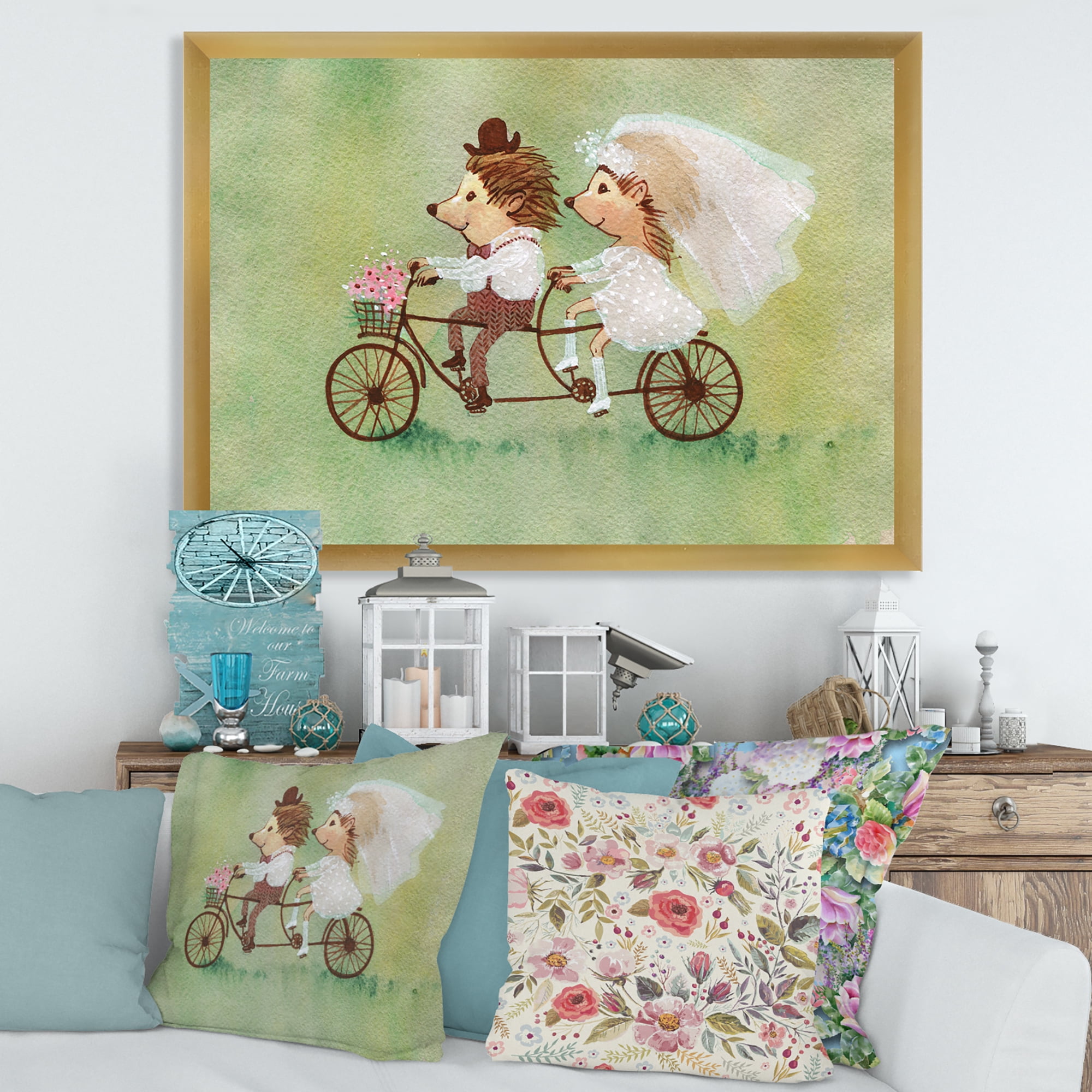 Designart 'Wedding Couple of Hedgehogs Riding A Bike' Traditional Framed Art Print