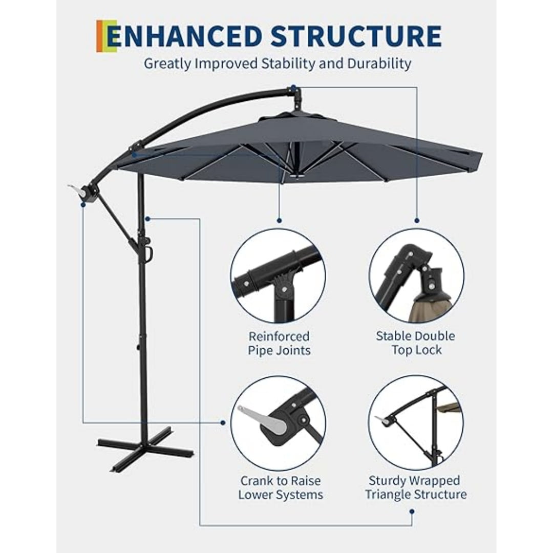 10FT Cantilever Patio Umbrella with Heavy-Duty Cross Base, Outdoor Offset Market Umbrella with Infinite Tilt & Easy Crank Lift – Waterproof, UV-Resistant, Wind-Resistant, Sturdy Aluminum Pole