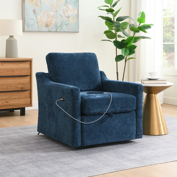 Living Room Chairs Swivel Arm Chair with Soft Chenille Fabric, Comfy Accent Chair for Living Room. Bedroom .Reading Waitingroom, With USB TYPE-C charging and book pocket, 1 PC, Navy Blue,Accent Chair