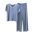 thumbnail image 2 of Nooxsoe Floral Embroidered Linen Pajama Sets for Women Crew Neck Short Sleeve Tops Elastic Waist Wide Leg Ankle Pants Gauze Loose Beach Travel Daily Matching Lounge Outfits Blue 2XL, 2 of 4