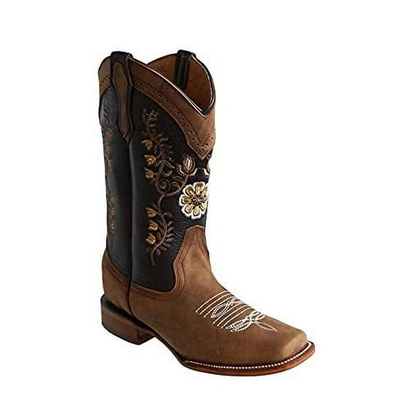 Women Boots Western Cowgirl square toe Leather embroidered