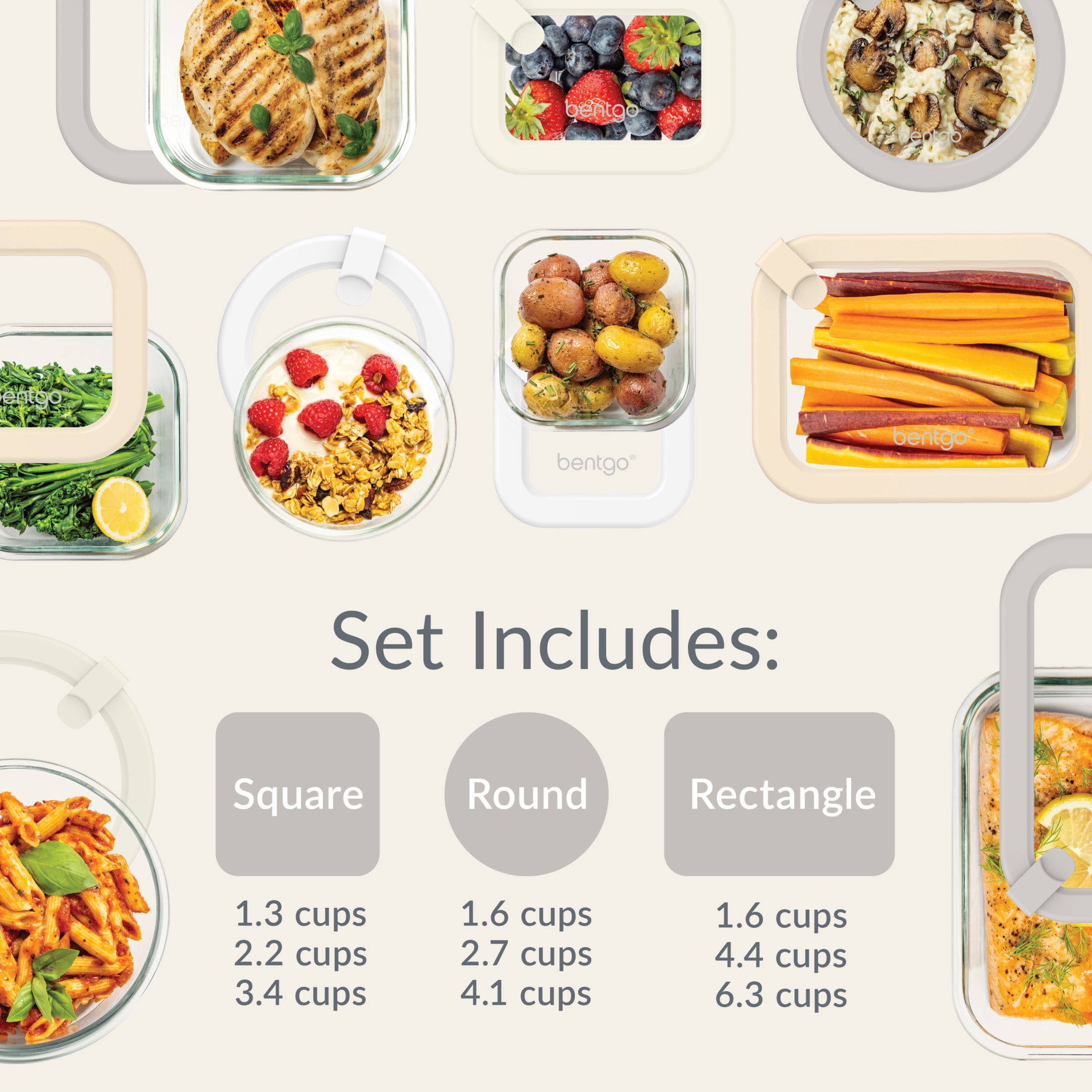 Bentgo Signature Leak-Proof Glass Food Storage - 18-Piece Set, 1-Compartment Plastic-Free Containers with Airtight Glass Lids, BPA-Free, Microwave, Freezer, Oven & Dishwasher Safe (White Stone)
