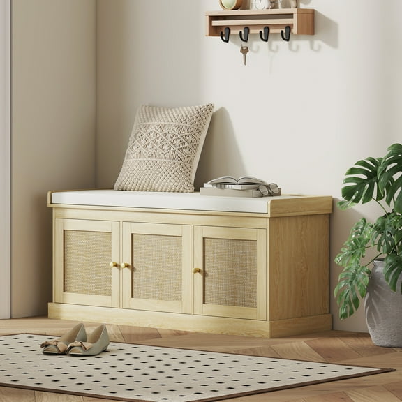 HOMCOM Shoe Storage Bench with Woven Rattan, Shoe Bench with Cushion, Adjustable Shelves, Entryway Bench for Bedroom, Living Room, Oak Tone