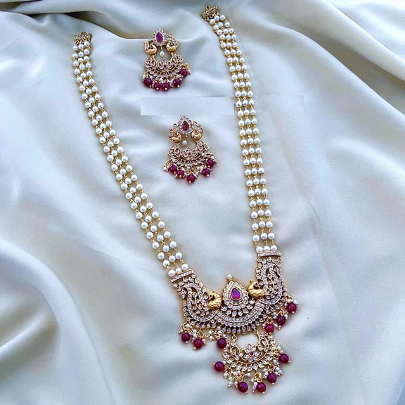 South Indian Bollywood Peacock Design 3-Layer Gold Plated Maroon & White Kemp Stone Haram Long Necklace Set with Earrings – Matte Finish by Haya Jewel.