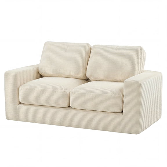 Costway Floor Couch, Loveseat Foam Sofa with Removable Corduroy Cover, Back & Seat Cushions Beige