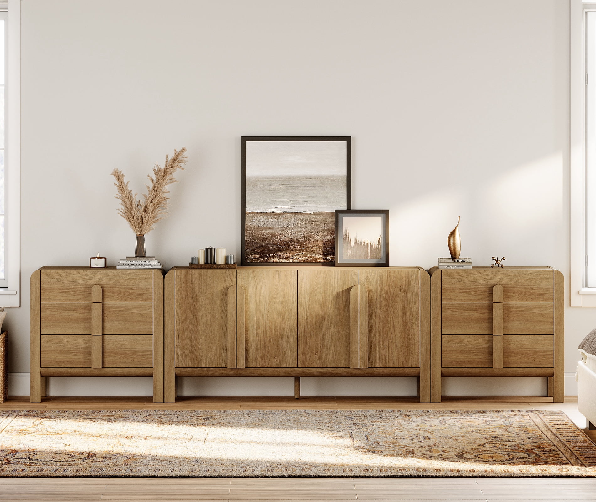 Mid-Century Modern 126" Sideboard Buffet with Storage, 3-Piece Wood Credenza with Doors and Adjustable Shelves for Kitchen，Living Room