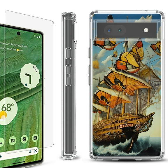 Shockproof Bumper Phone Case for Google Pixel 6a, with Tempered Glass Screen Protector, by OneToughShield ® - Butterfly Ship
