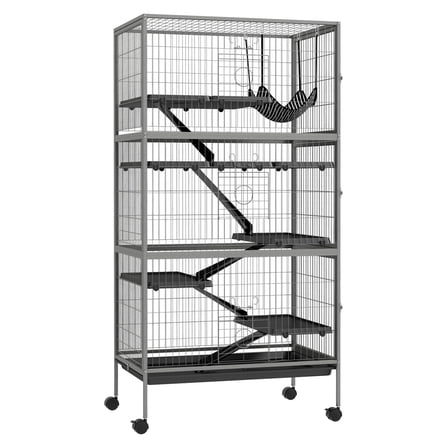 63" 6-Tier Small Animal Cage, Cage, Large Chinchilla Cage with Hammock Accessory & Heavy-Duty Steel Wire, Small Animal with 6 Doors, Removable Tray, Gray