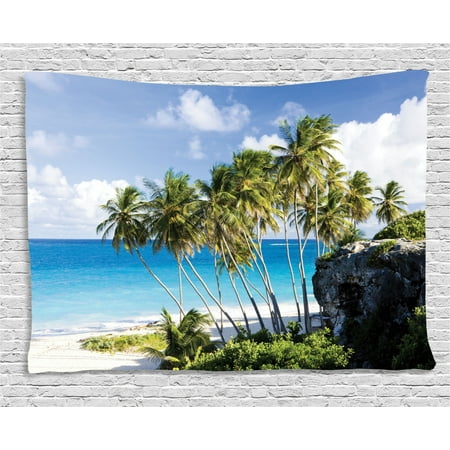 Scenery Decor Tapestry, Caribbean Island Overlook with Palm Tree and Ocean Exotic Destination Print, Wall Hanging for Bedroom Living Room Dorm Decor, 60W X 40L Inches, Cream Blue, by