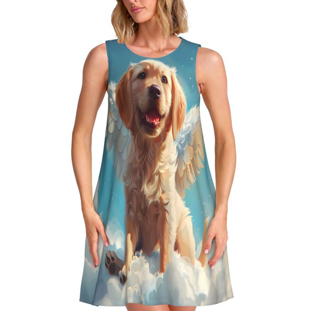 Easygdp Cute Angel Winged Dog para Vestido Transpirable de Mujer, Vestido Suelto de Manga Corta con Pliegues y Bolsillos para el Verano