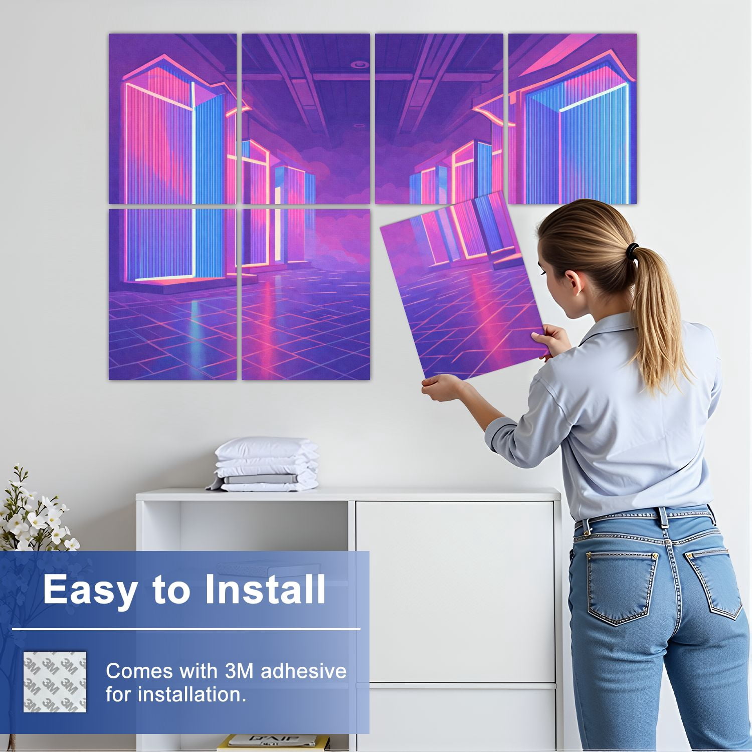 8 Pack Art Acoustic Panels Sound Absorbing render blue pink violet neon abstract light night club empty Decorative Soundproof Wall Panels Self Adhesive for Nursery Game Room Bedroom 48"x32"