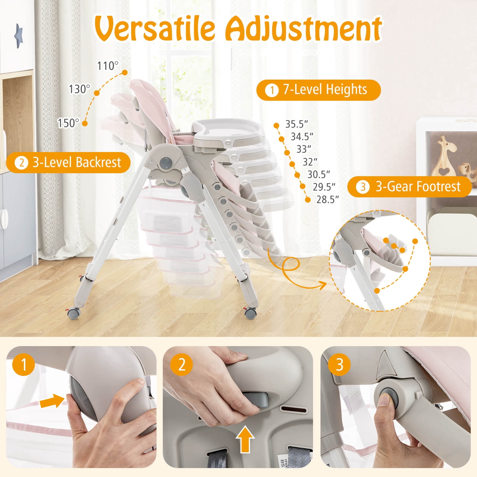 Infans High Chair for Babies & Toddlers w/ Rolling Wheels Adjustable Height Footrest
