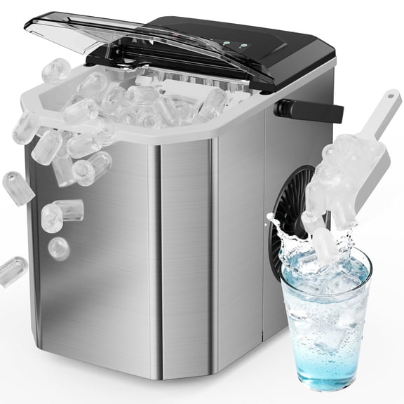 Ice Maker Countertop, Stainless Steel Portable Ice Machine with Self-Cleaning , 9 Cubes in 6 Mins, 26 lbs per Day, Stainless Steel