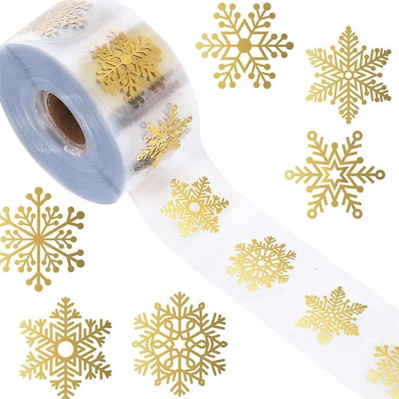 500Pcs Gold Foil Snowflake Stickers Roll Clear Holographic Christmas Label Round Self Adhesive for Xmas Winter Envelopes Present Decor