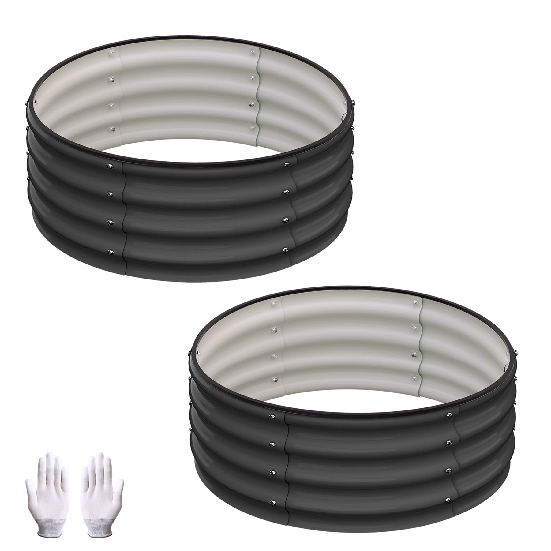 Garvee 2 Pcs Round Metal Raised Garden Bed, Galvanized Steel Planter Box, 2x2x1 FT Open-Bottom Outdoor Garden Bed with Safety Rubber Edging, Easy Assembly for Vegetables, Flowers, Herbs, Grey