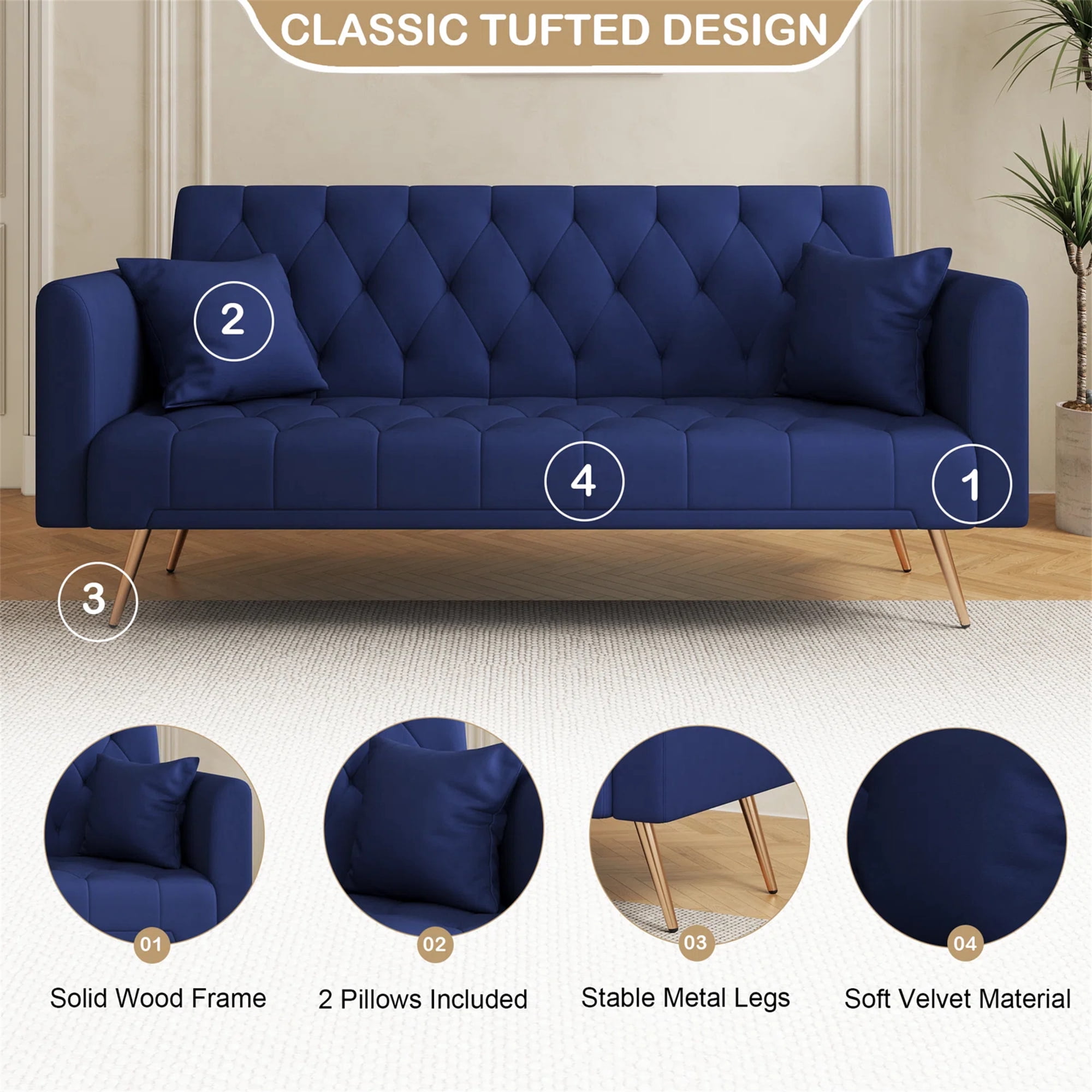 Aukfa Velvet Futon Convertible Sofa Bed, Upholstered Arm Couch for Home Office, 2 Pillows, Blue