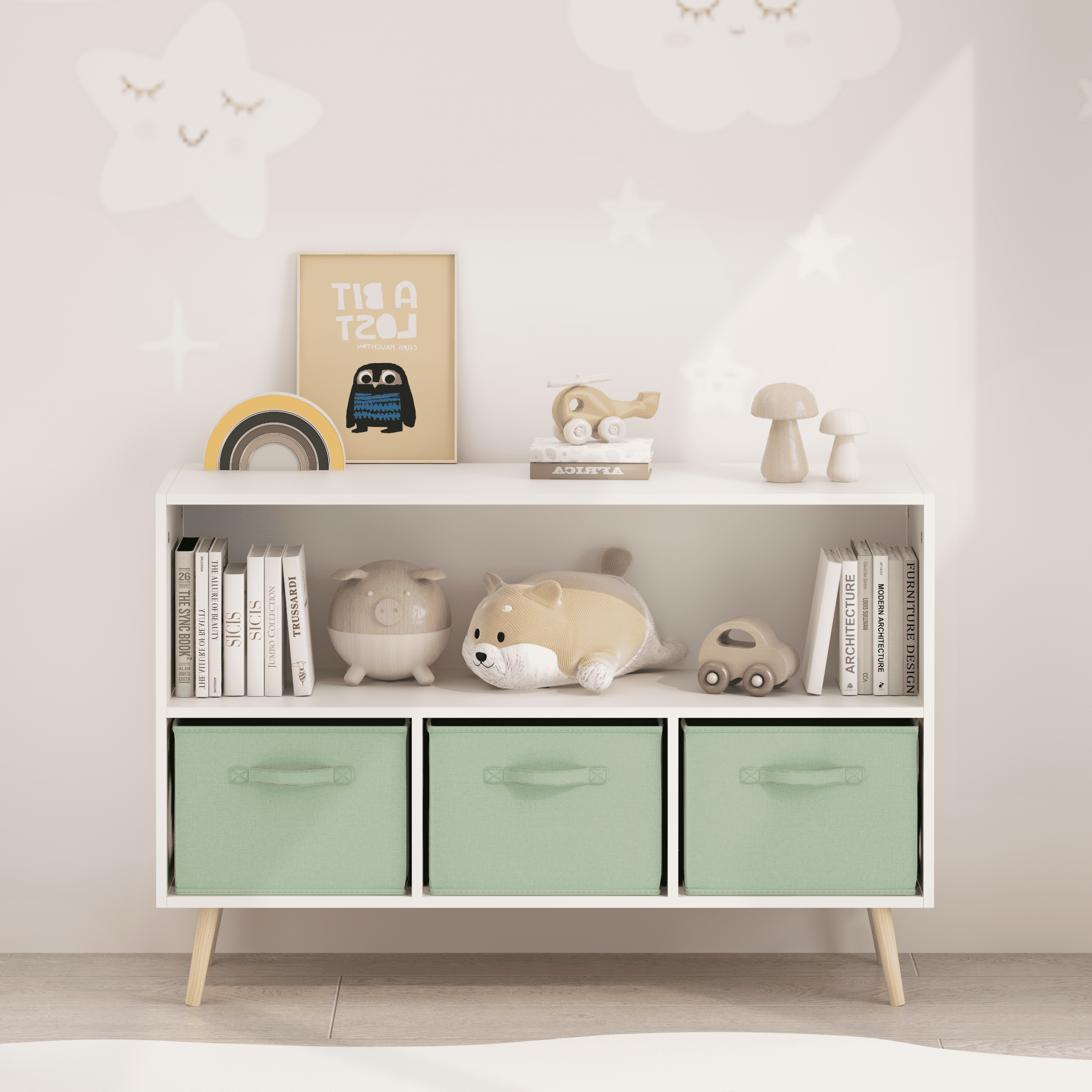 Kids Bookcase with Collapsible Fabric Drawers, Children’s Book Display & Toy Storage Organizer, MDF Cabinet with Pine Legs, White/Green