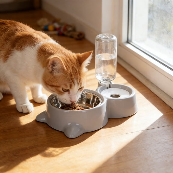 LEFXSMR Cat Water Fountain, Gravity Pet Dog Bowls for Drinking & Feeding, Automatic Cat Feeder for Pets Home Use, Gray
